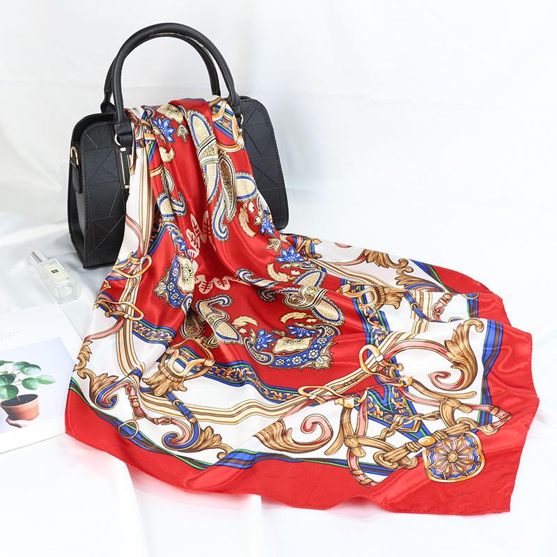 

Высококачественные роскошные шелковые шарфы, повязка на голову, шарфы, шейный шарф для женщин, шелковый шарф с цепочкой, женская декоративная шаль 90*90cm красный