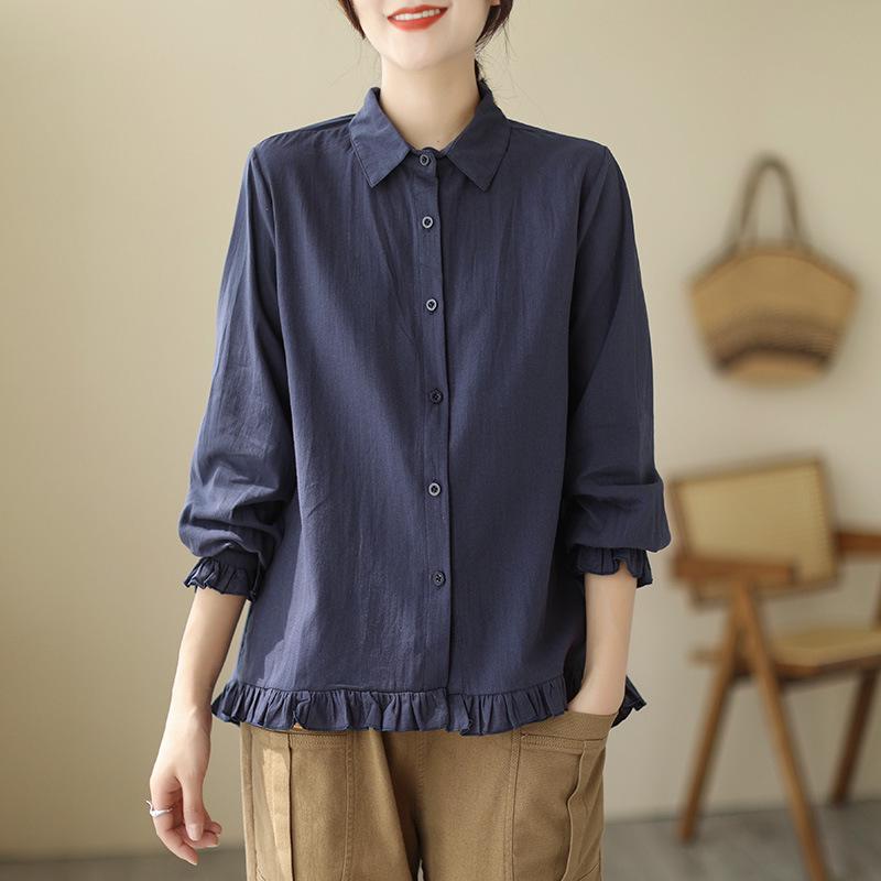 

Plus Size Women s Long Sleeve Cotton-Linen Shirt with Ruffled Lapel 2XL темно-синього кольору