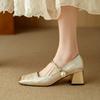 Spring new Chinese style French light luxury embossed silk middle heel shoes color matching square head word with thick heel single shoes