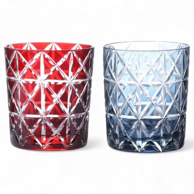 Mizukage Kiriko Pair Rock Glasses Cups 280cc Diamond Pattern Red Ink Blue Bishou Current Model J-kitchens 80xH90mm &