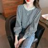 2025 Retro Checkered Lace Long Sleeve Shirt for Women - Spring/Autumn Round Neck Top