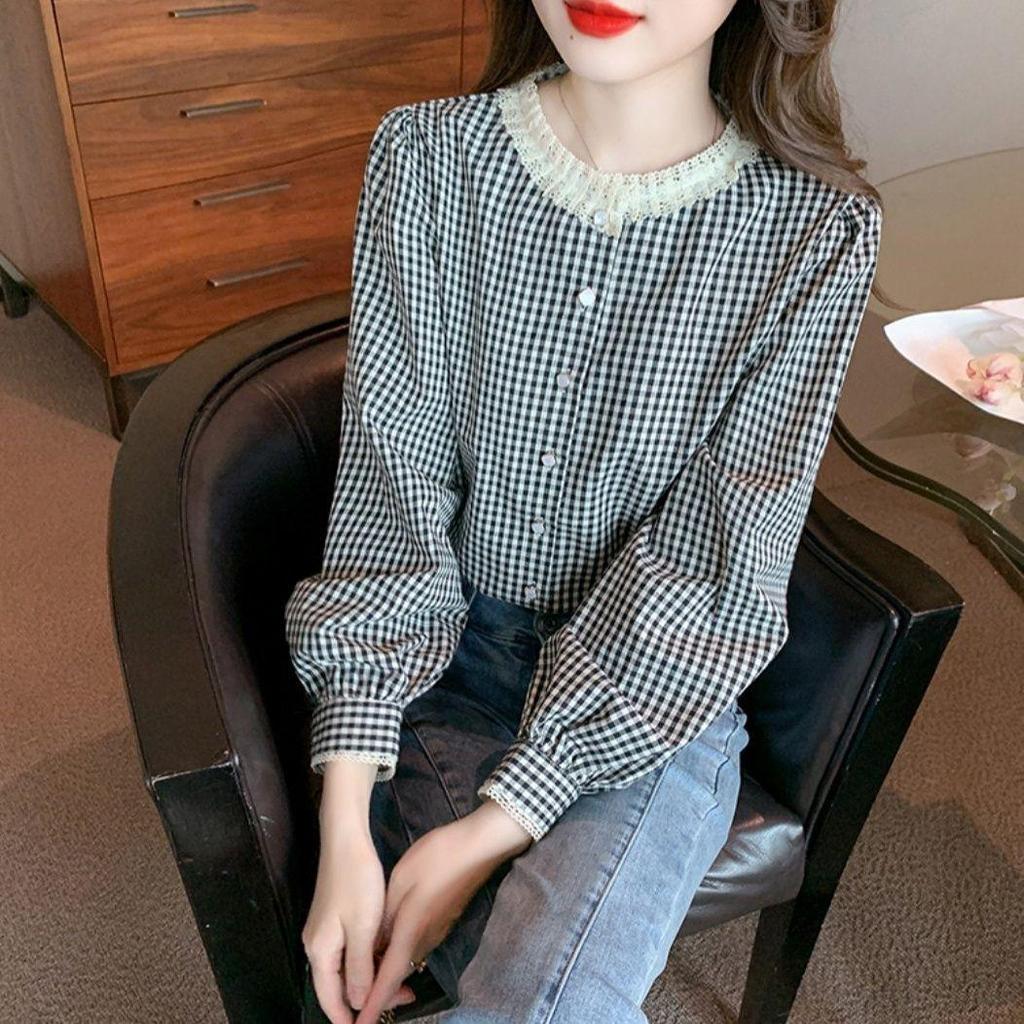 2025 Retro Checkered Lace Long Sleeve Shirt for Women - Spring/Autumn Round Neck Top
