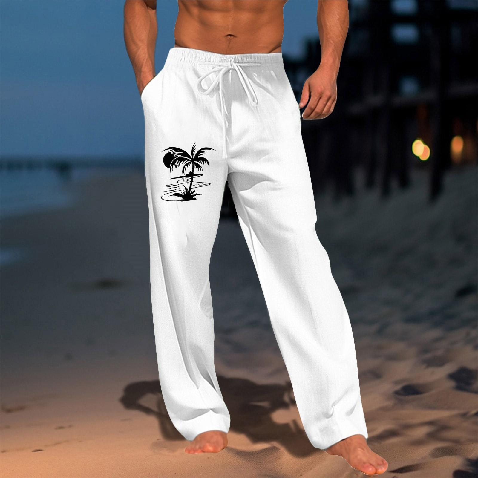 

Мужские повседневные свободные и удобные повседневные брюки, хлопковые льняные брюки с принтом на шнуровке XL белый