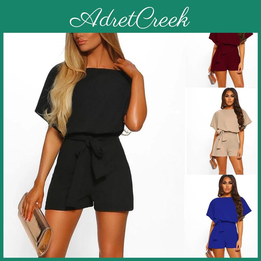 Frenulum Pocket Womens Solid Color Girdle Shorts Short Sleeve Jumpsuits