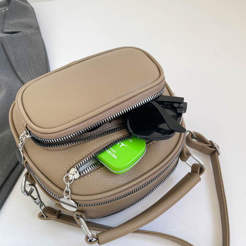 Women Mini Round Leather Handbag Multi Zipper Pockets Top Handle Crossbody Bag Adjustable Strap for Daily Use Ladies' Holiday Gifts