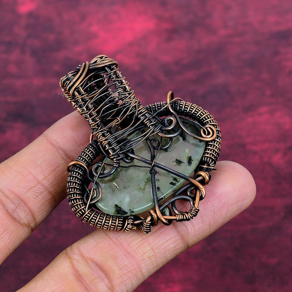 Moss Prehnite Pendant Copper Wire Wrapped Pendant Rainbow Moonstone Gemstone Jewelry