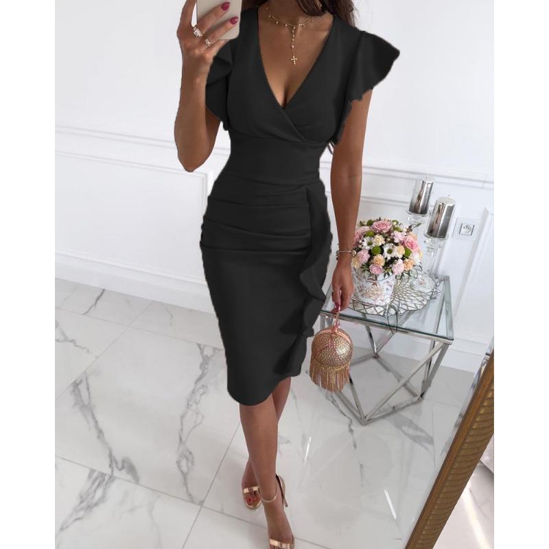 Damen Elegantes V-Ausschnitt Raffung Rüschen Hohe Taille Bodycon Midi Partykleid
