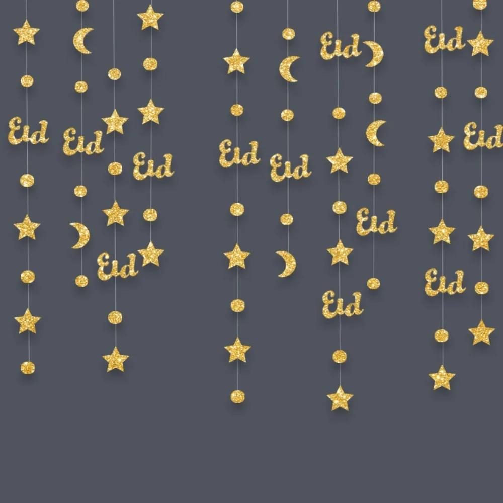 

4M Eid Mubarak Banners Ornaments Gold Silver Star Moon Lantern Ramadan Kareem Hang Garland Paper DIY Home Decor Pull Flag 4M