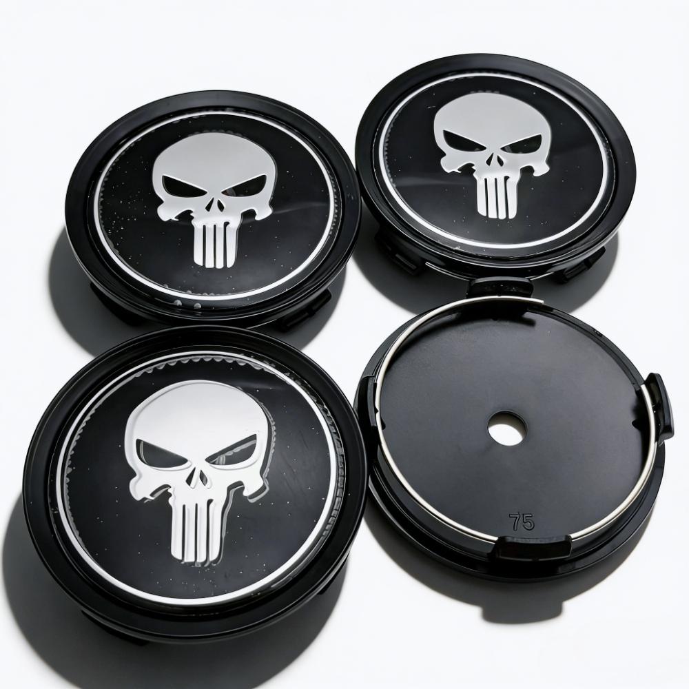 

4pcs Skull Logo Emblem Car Wheel Center Caps OD 75MM 70MM Wheels Hub Cap Skulls Badge Rim Hubcaps Dust Cover Replace Accessories Punisher Skull Badge&4pcs 75 Wheel Caps