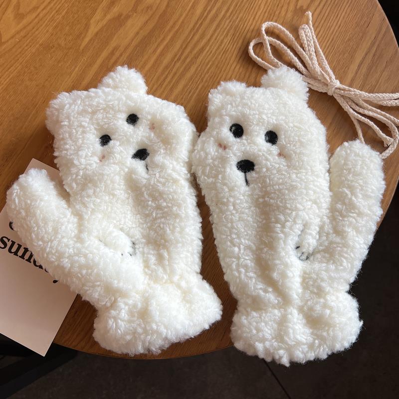 Urocze rękawiczki miśki z aksamitu teddy dla kobiet na zimę w stylu koreańskim plus aksamitne pogrubienie do utrzymywania ciepła zimą studenci jeżdżące wiatroodporne na szyję