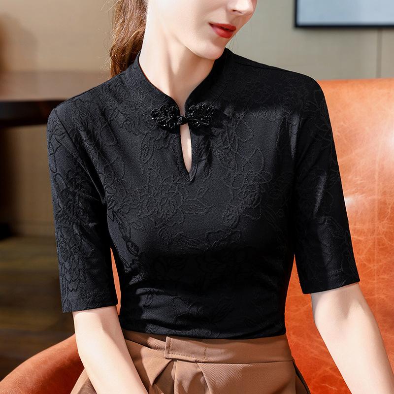 

Футболка со средними рукавами, женская новая осенняя одежда высокого класса, воротник-стойка с дисковой пряжкой, новый китайский топ высокого класса 3XL чёрный