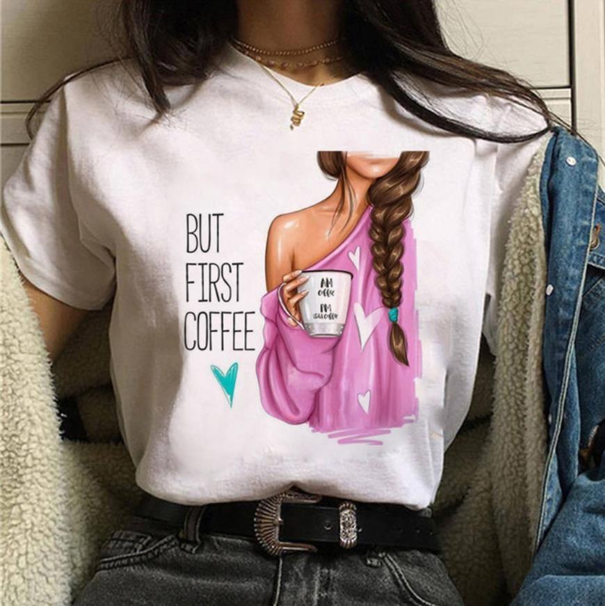 Fashionable Womens Coffee Printed White Tshirt Casual Short Sleeved Suitable for Daily Casual Versatile Home Clothes Top