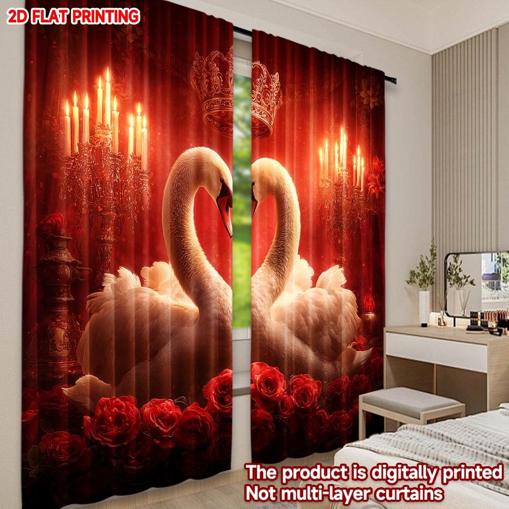 Set Of 2 Flat Printing Happy Valentine Day Window Curtains Swan Love Digital Printed Polyester Drapes All Season Party Made