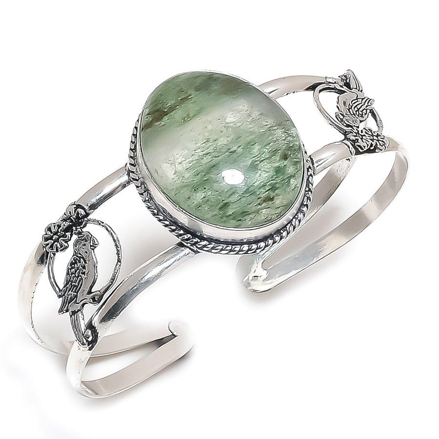 Natural Lodolite Quartz Gemstone 925 Sterling Silver Cuff Bangle Adjustable C8o77