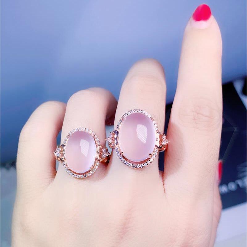 Klasický Dream Diamond Růžový Přírodní Chalcedon Růžový Oválný Prsten Otevírací Nastavitelný Růžové Zlato Šlechetný Luxusní Dámský Šperk