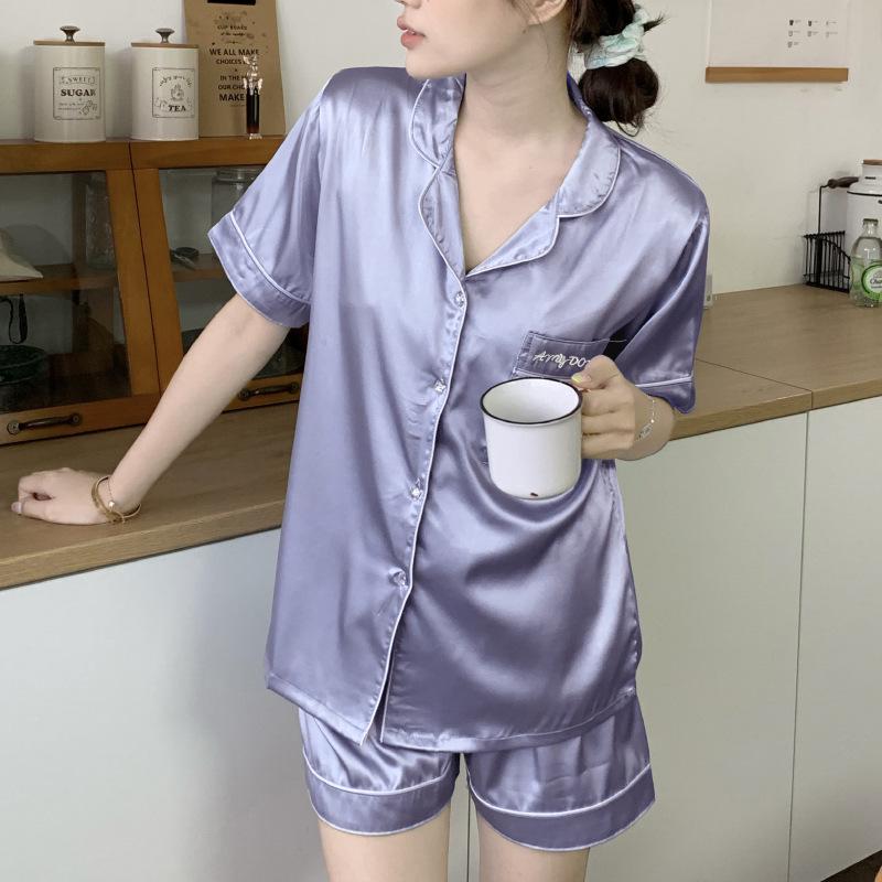 Women's Silky Purple Ice Silk Pajamas Set - Long-Sleeved Cardigan and Pants
