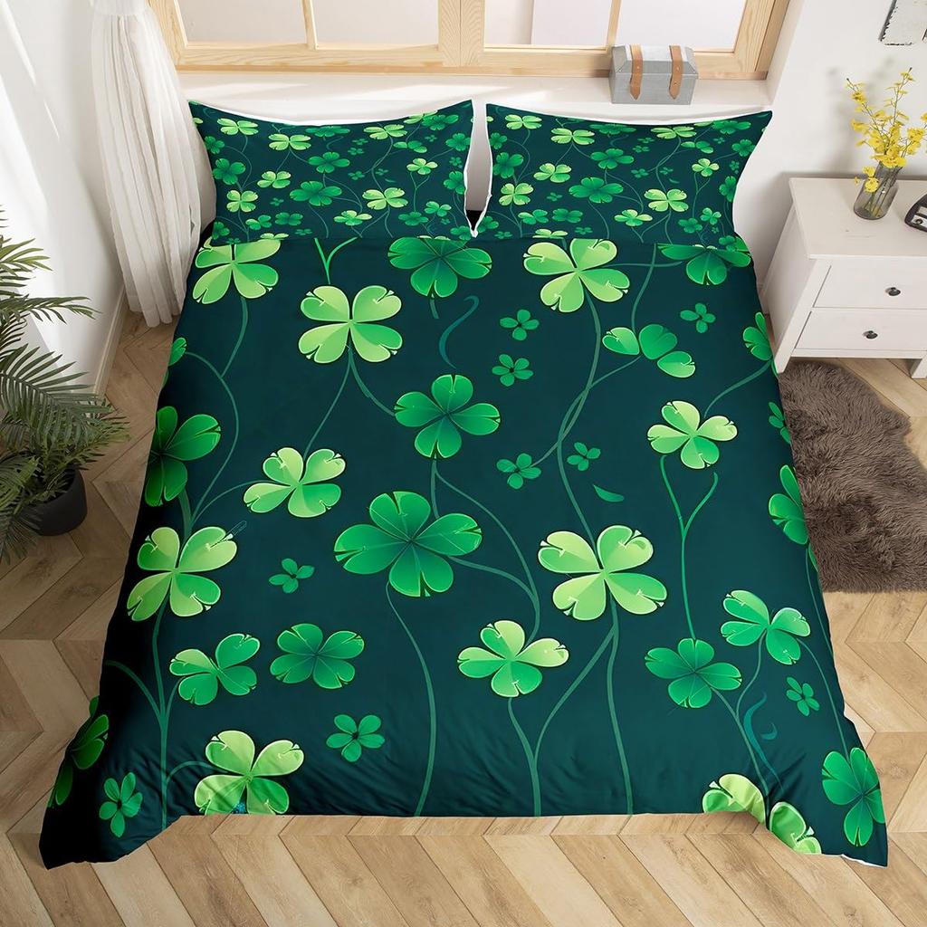St. Patrick's Day Duvet Cover Queen Cartoon Green Clover Leaves Quilt Cover Holiday Spring Lucky Theme Bedding Set for Dorm Room
