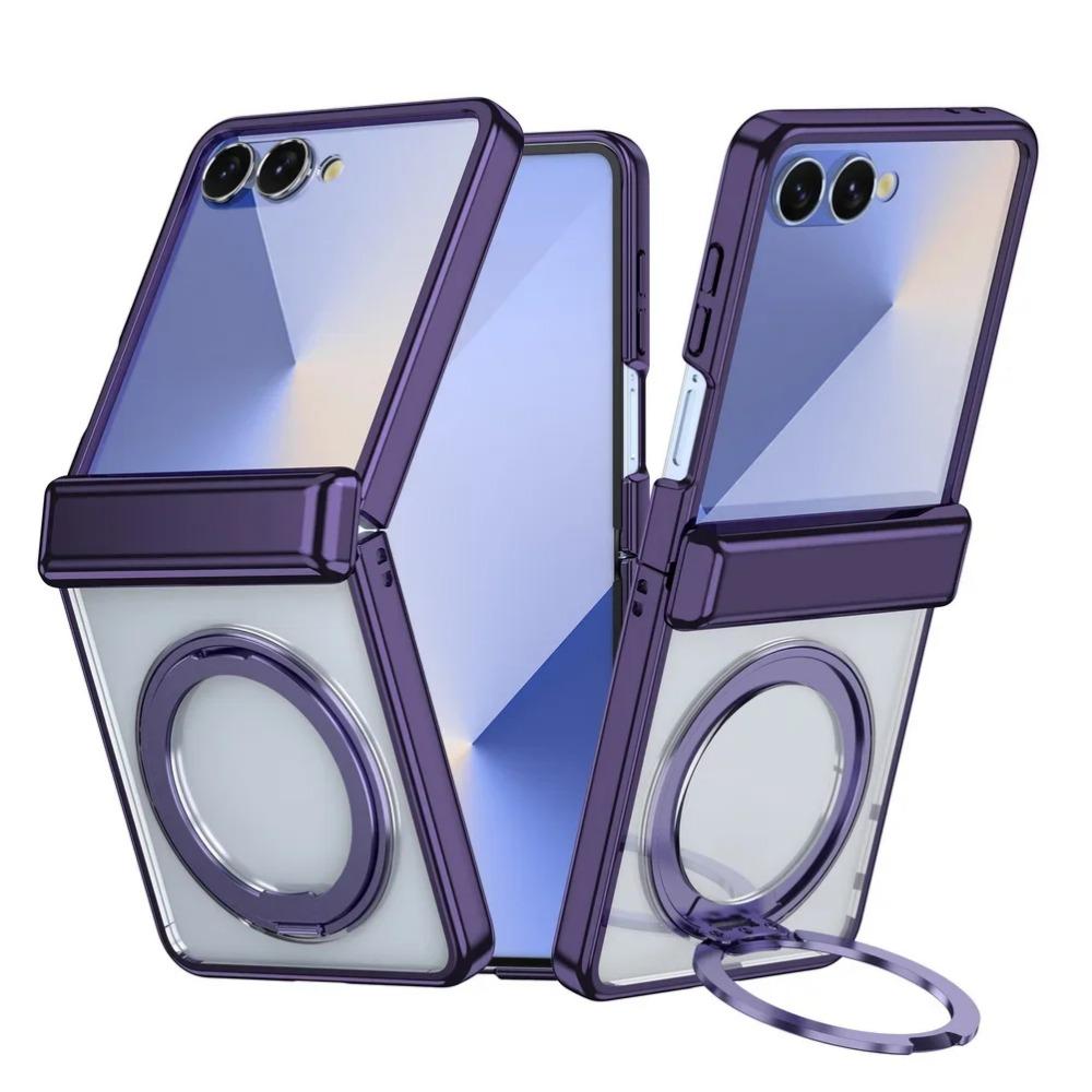 Obrotowy Uchwyt Pierścieniowy Platerowana Ramka z Magnetycznym Przezroczystym Etui na Telefon Samsung Galaxy Z Flip 7 Ochrona Obiektywu Odporny na Wstrząsy Tylna Pokrywa
