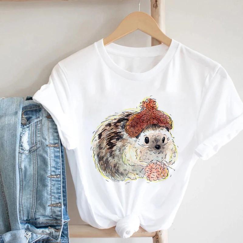 Pink Women Tshirts Casual Cute Cartoon Hedgehog Floral Graphic Print Female Tee Tops Harajuku Fashion Short Sleeve T Shirt Femme