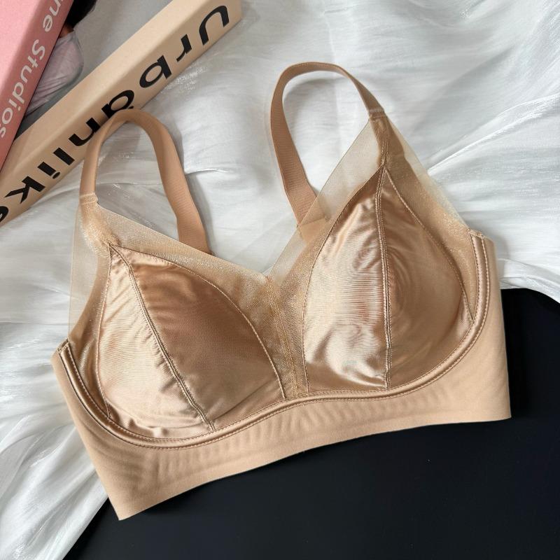Silky Satin Mesh Invisible Push Up Gathered Wireless Bra For Women