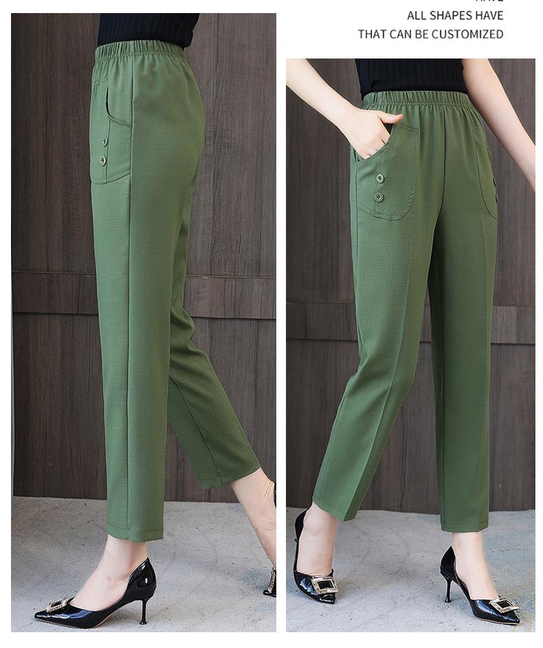 Women's High-Waist Cotton-Linen Summer Pants: Stylish, Elastic, Straight Fit for Middle-Aged and Elderly
