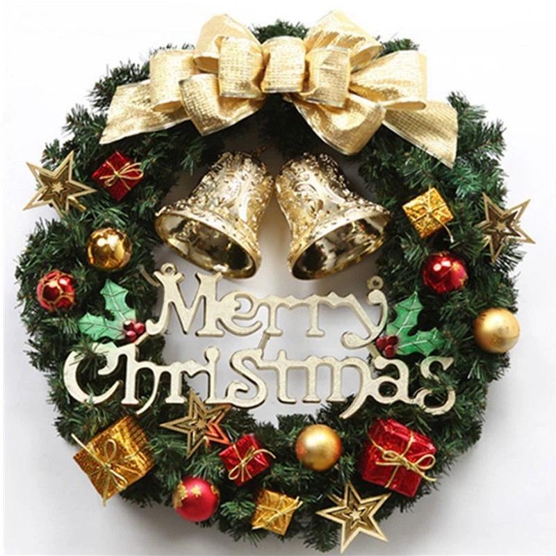 Christmas Wreath Front Door Hanging Ornaments Artificial Wreath Bell Gift Bow Stars For Christmas Tree Home Windows Decor