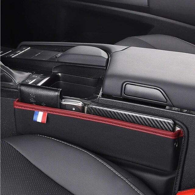 Organizador de espaço para assento de carro em couro PU Bolsa lateral para assento dianteiro de carro para chaves de celular Óculos Reservado Furo para cabo de carregamento Suporte para telefone