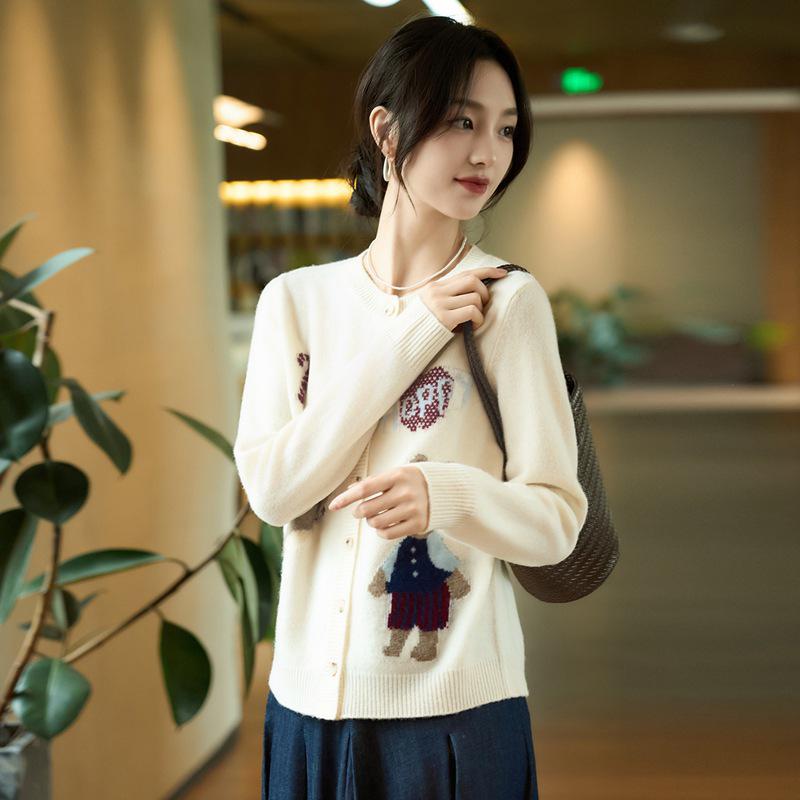 Women's High-End Embroidered Knitted Wool Cardigan, Long Sleeve Loose Fit Sweater Coat for Autumn and Winter