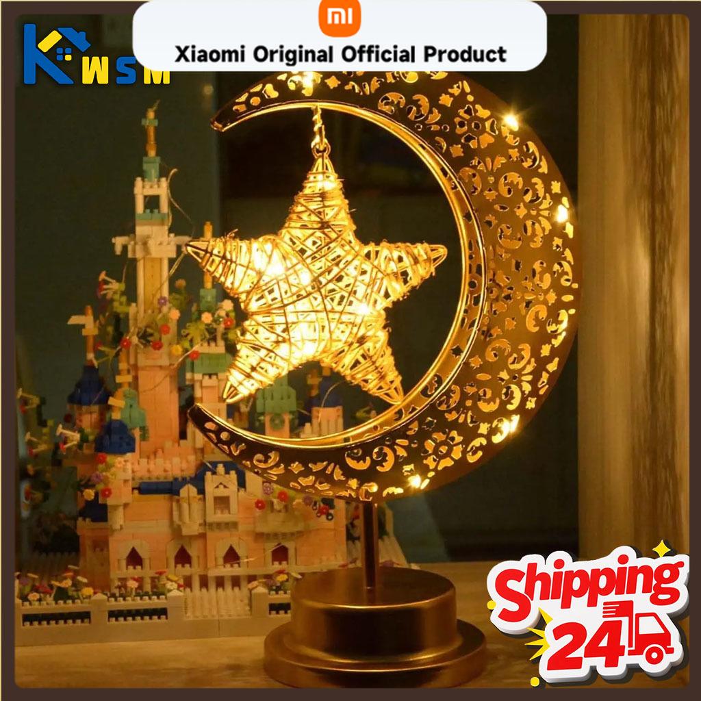 Xiaomi Rotating Ramadan LED Lamp Iron Crescent Moon and Stars Eid Mubarak Night Light for Middle Eastern Home Decor Tabletop Light