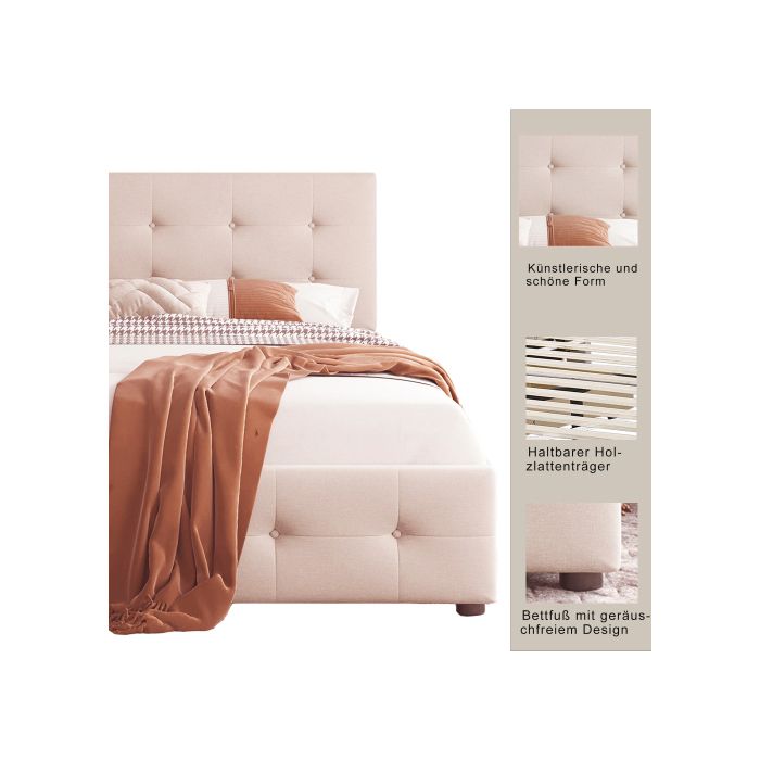 Lit rembourré 90 x 200 cm - MUVOE - Beige foncé - Avec tiroirs - Montage facile - Style classique