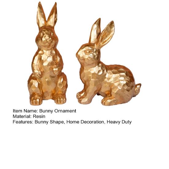 2Pcs Easter Bunny Ornament Carved Golden Rabbit Resin Figurine Animal Statue Home Office Holiday Party Desktop Decoration