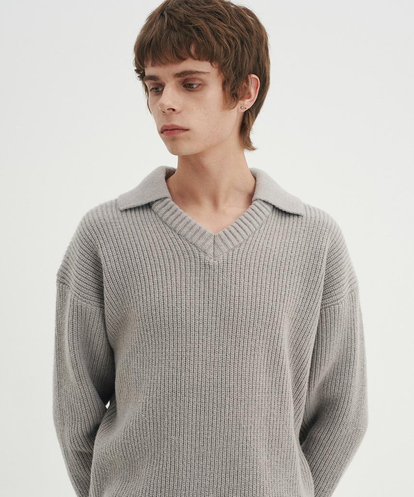 BLOND9 Open Collar V-Neck Knit_Gray