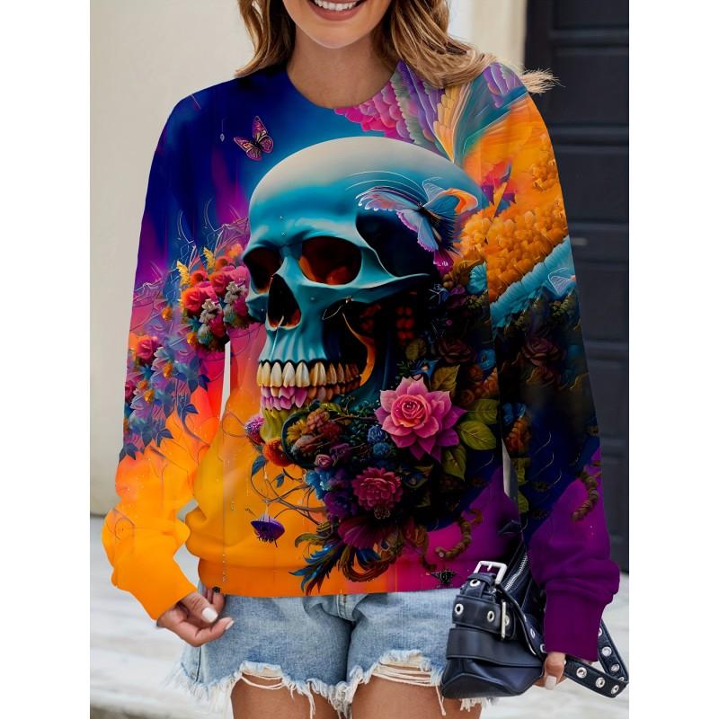 Womens Casual Hoodie With 3D Halloween Print Round Neck Lightweight Breathable Fabric