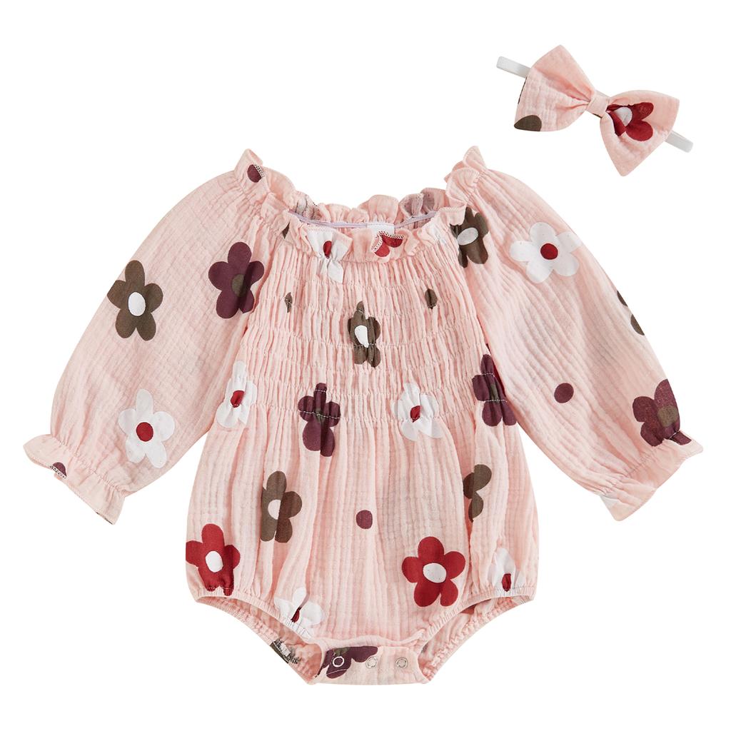 2-Piece Baby Girls Set Long Sleeve Floral Print Square Neck Smocked Ruffled Romper Bow Headband Adorable Outfits