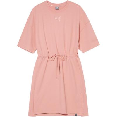 Round Neck Solid Color Fashion Drawstring Elastic Waist Short Sleeve Dress Women Dresses Rose-Pink 670955-24