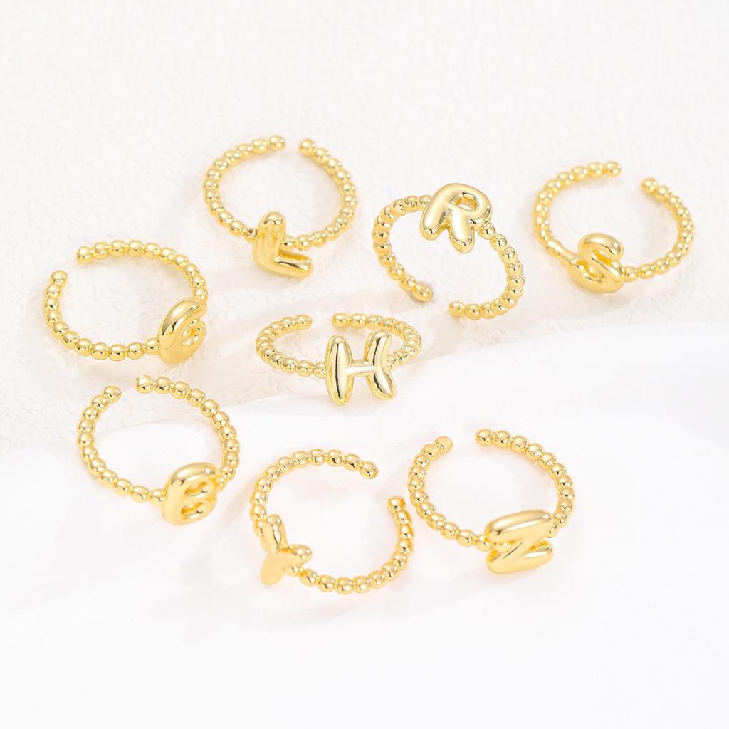 Adjustable 18K Gold Bubble Beaded Open Ring with 26 Alphabet Options