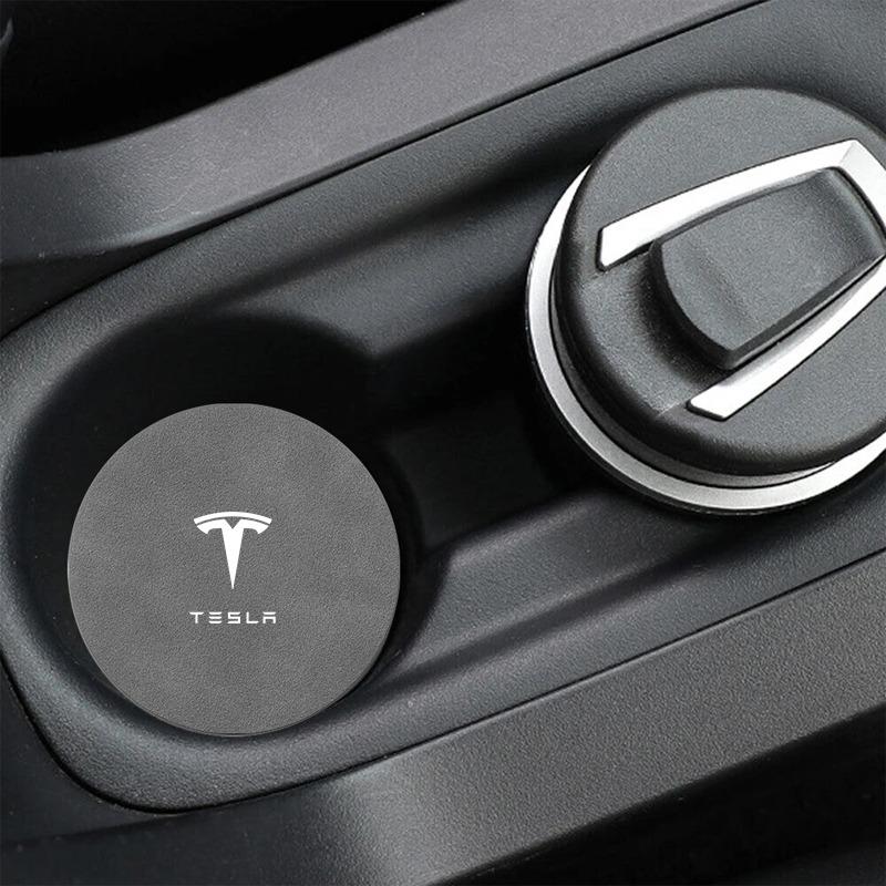 Leather Car Water Coaster Non-Slip Mat Car Bottle Holder Insert Pad For Tesla Model S Model X Model Y Cybertruck Model 3 Model Y