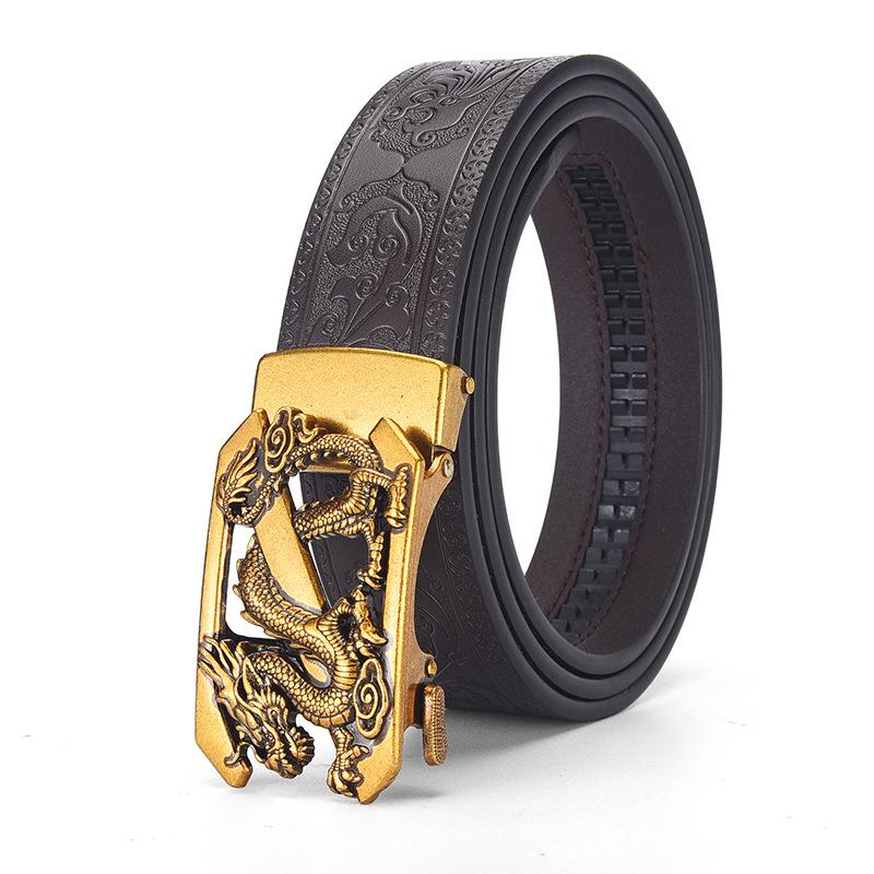 Men's Business Casual Cowhide Leather Belt with Vintage Copper Dragon Automatic Buckle