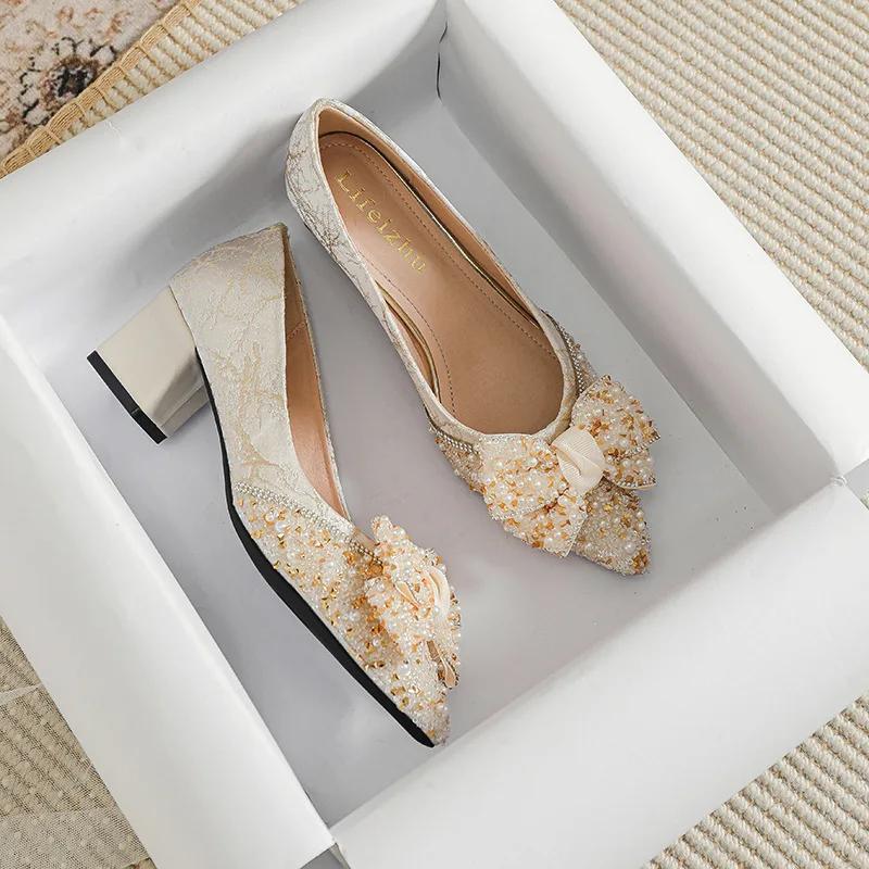 Women Shoes Fashion Pumps Girl Fashion Pointed Toe High Heels Shoes Bling Rhinestone Bowknot Dress Shoes