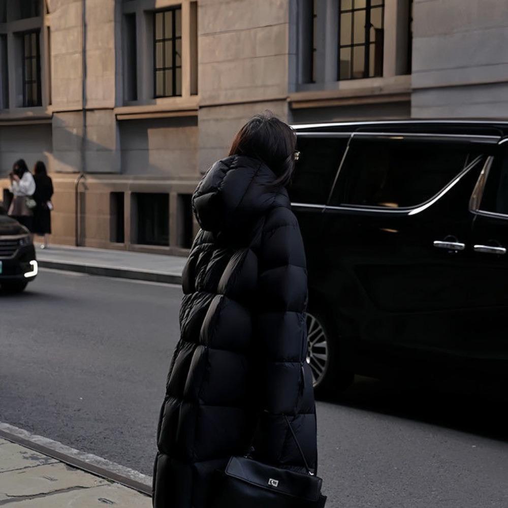 

Зима 2025, свободная хлопковая одежда с капюшоном длиной до колена, женская утолщенная одежда-хлеб, простое длинное пальто XL чёрный