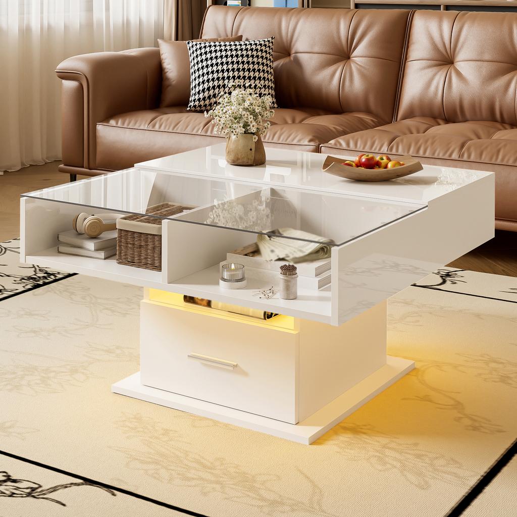 Multifunctional High-Gloss Lift Coffee Table with LED Lighting, Adjustable Height & Flexible Storage for Living Room, Office & Small Apartments