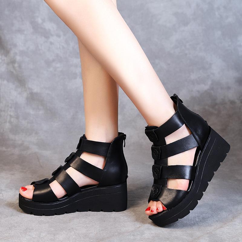 Women Leather wedge platform fish mouth sandals summer comfortable hollow high-heeled thick-soled Roman sandals C995
