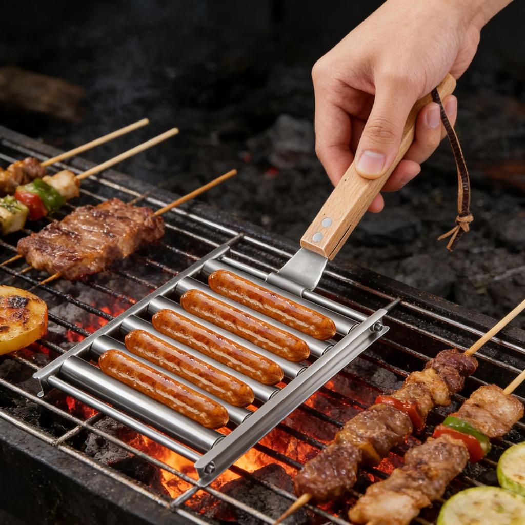 Hot Dog Grillrolle Edelstahl Lebensmittelqualität Gestell Hot Dog Wurst Grillrolle für Außen Garten Hof Picknick Camping Party