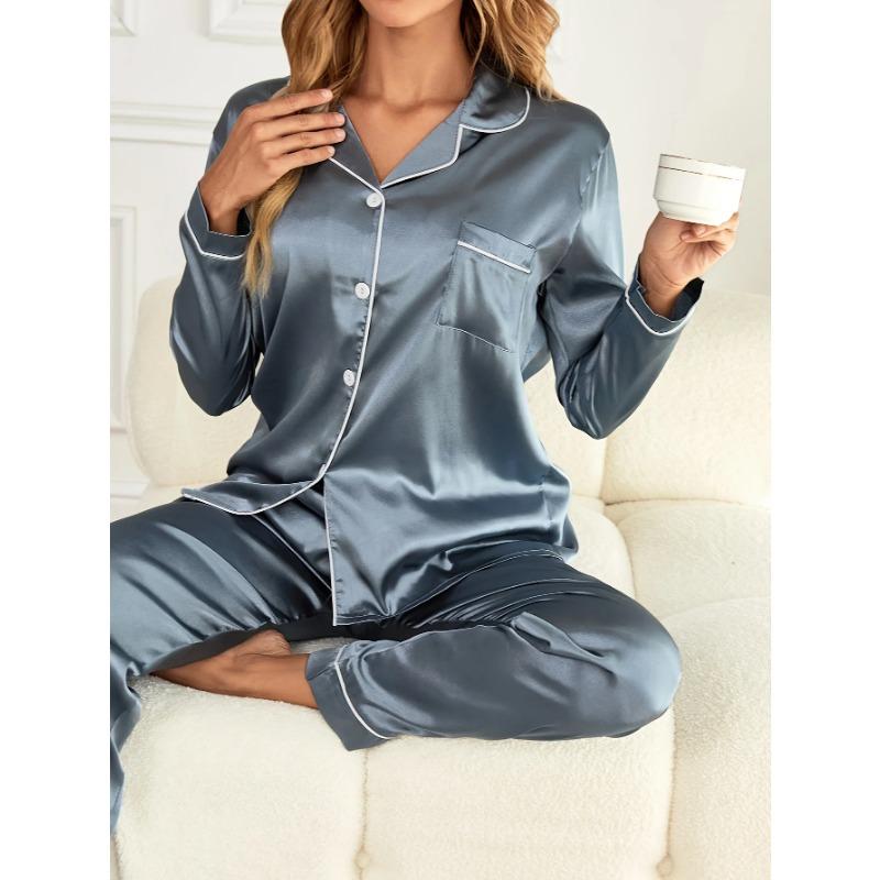 Pajama Set Long Sleeve Button Up Lapel Top & Pants Set Women's Sleepwear & Loungewear