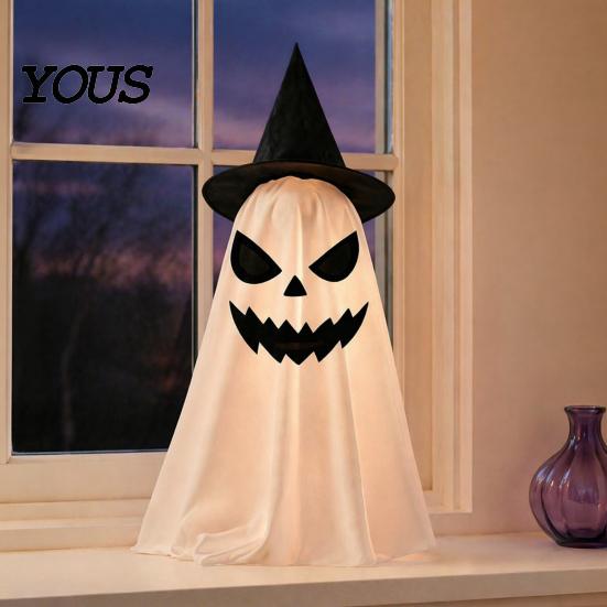 Halloween Ghost Decor Decoration, Indoor Tabletop Standing with Witch Spooky White Ornament Hat/Bow for Mantel Dining Table Party Home