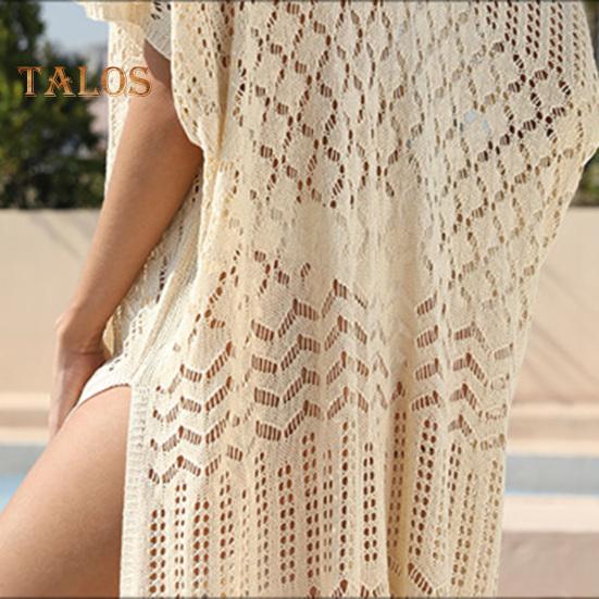 Women's Mesh Crochet Swimwear Cover-Up V-Neck Short Sleeve Hollow Out Beachwear Loose Fit Bikini Cover Up Dress for Vacation Travel