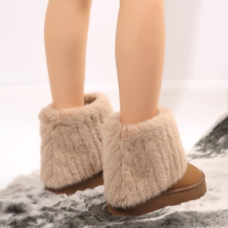 Warm Faux Fur Boots Tube Snow Boots Women 2025 Winter Round Toe Soft Thick Bottom Medium Heel Ankle Botas Winter Cotton Shoes