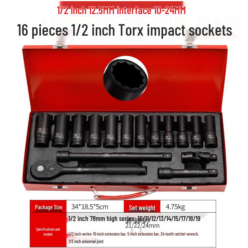 16-Piece Air Impact Wrench Set with Extended Sockets, Quick-Release Ratchet, Long Extension Bar, Universal Joint, and Tire Repair Kit