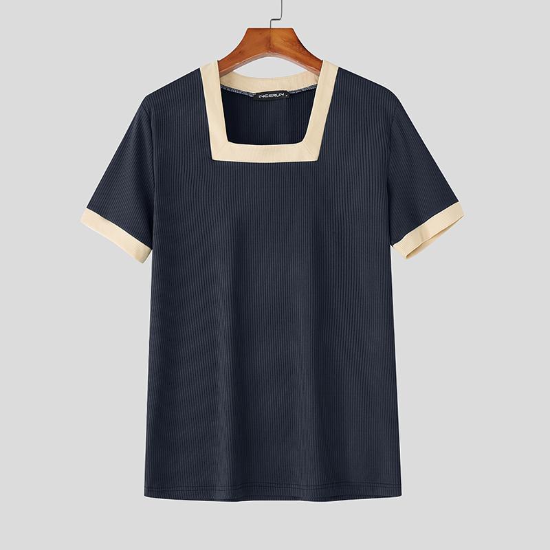 

INCERUN Men Summer Square Collar Short Sleeve Stitching Ribbed Casual T-shirts S синій