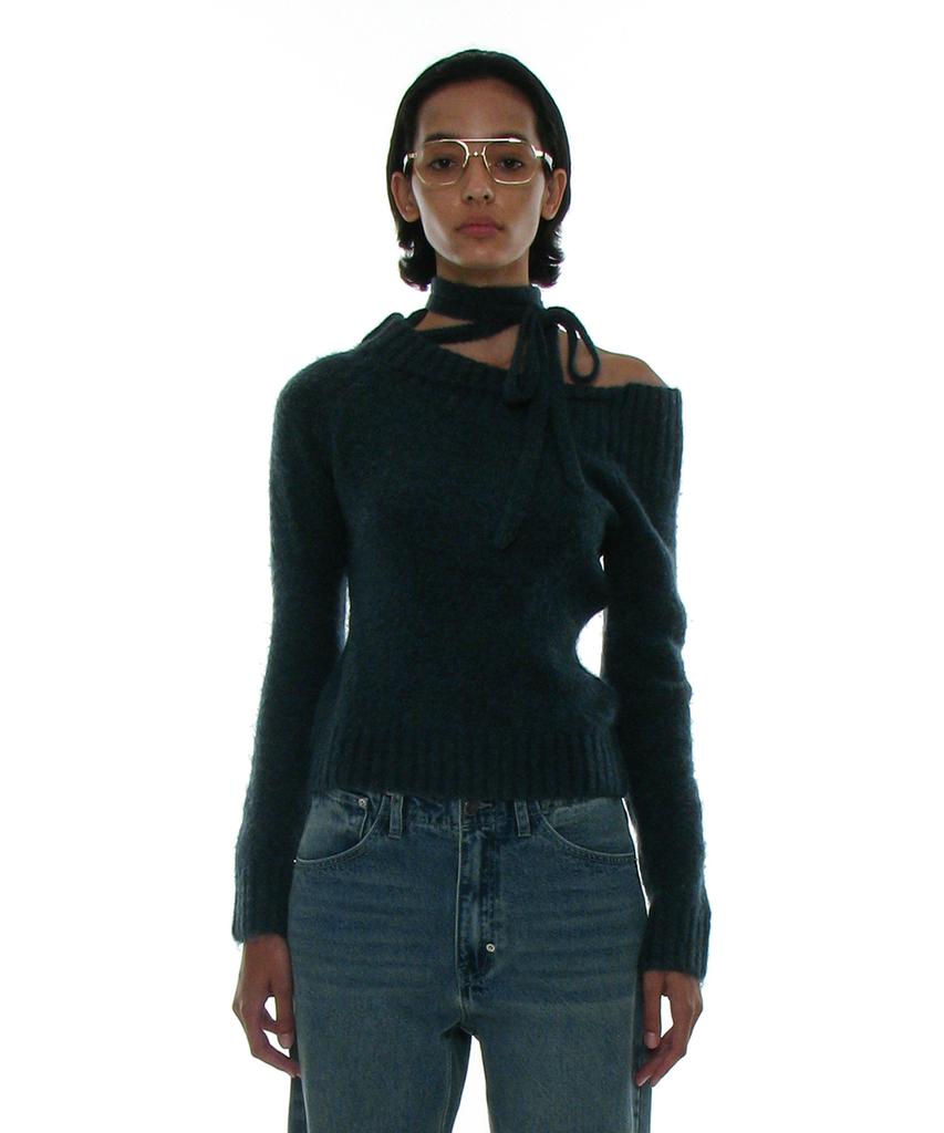 PARTIMENTO WOMEN Tie Neck Strap Asymmetrical Knit Top_Dark Teal
